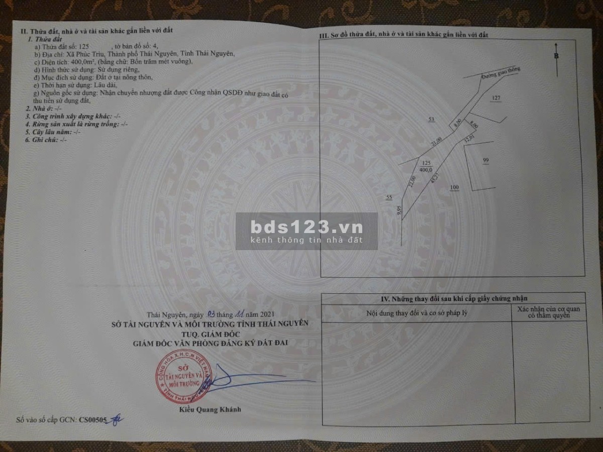 Chính chủ đất tỉnh Thái Nguyên. Diện tích : 400m2. Giá 1,350 tỏi. Zá Lồ: 0369557567
