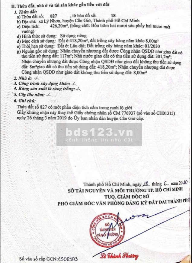 Bán 418m2 đất full thổ cư tại Lý Nhơn, Huyện Cần Giờ