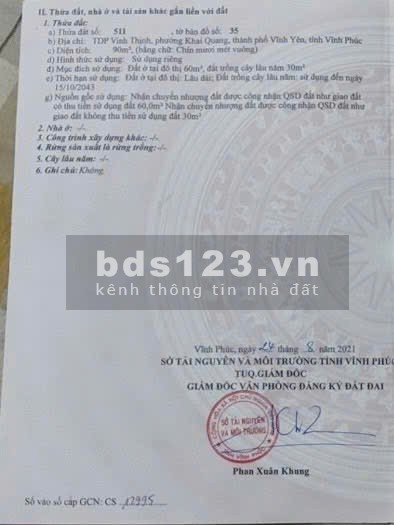 Bán lô đất 90m cộng thêm 30 lưu không tại Vinh Thịnh, Khai Quang, Vĩnh Yên