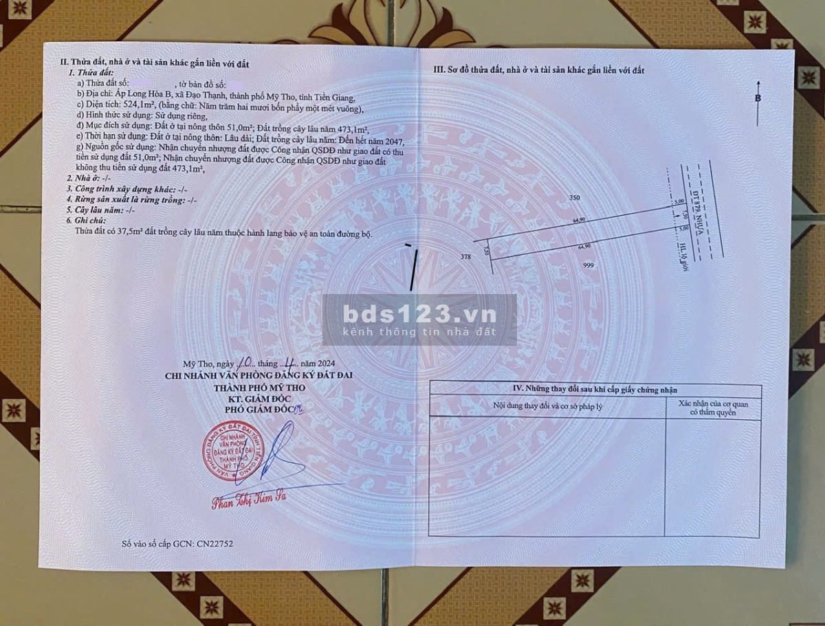 Đẹp và hiếm. Lô đất gần AEON và QUÃNG TRƯỜNG rộng 1.520m2. Mặt tiền DT 879, Mỹ Tho, Tiền Giang.