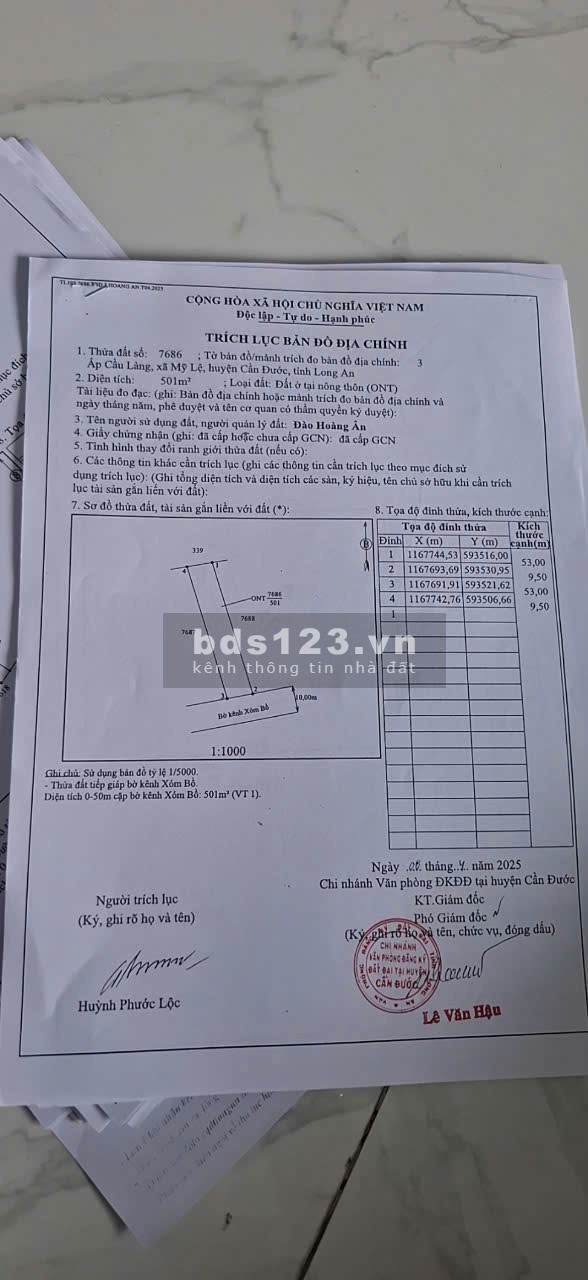 Chính Chủ Bán Gấp 500M Thổ Cư Chợ Đào Cần Đước Mặt Tiền Kênh, Cách UBND xã và các Tiện ích 1Km