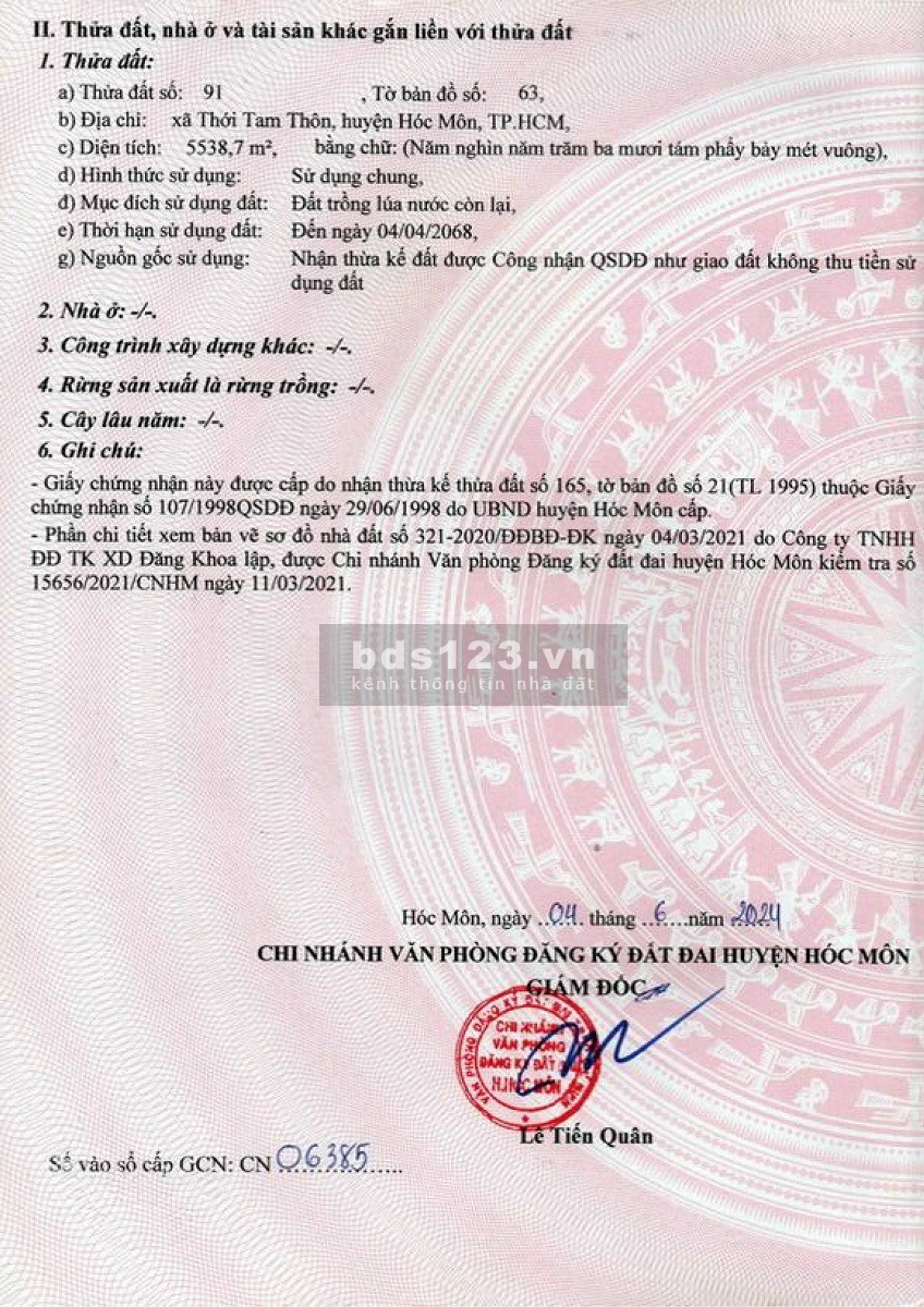 Chính chủ: Bán đất mt đường Thới Tam Thôn 18 xã Thới Tam Thôn. Diện tích: 5538.7m2.
