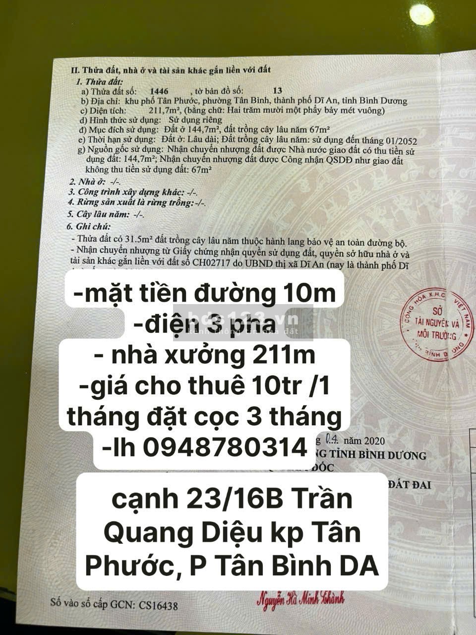 Cho thuê nhà xưởng 211m2 mặt tiền đường Trần Quang Diệu Dĩ An BD