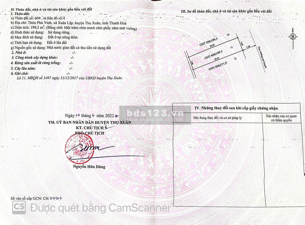Bán đất tại Phú Vinh, Xuân Lập, Thọ Xuân, Thanh Hóa, 199.5m2, 575 triệu