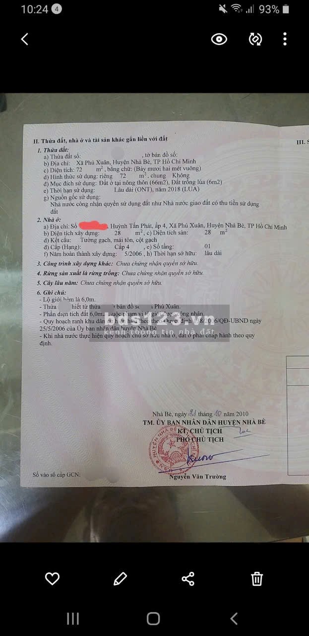 Bán đất Huỳnh Tấn Phát, Nhà Bè, DT 4 x18m. Giá 3 tỷ 60 triệu