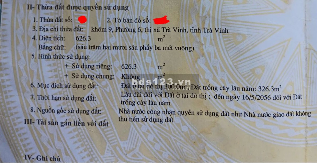 Bán Đất 626m² Trung Tâm Trà Vinh – Mặt Tiền 27m – Phân được 5 lô – Giá Chỉ 16 Triệu/m²