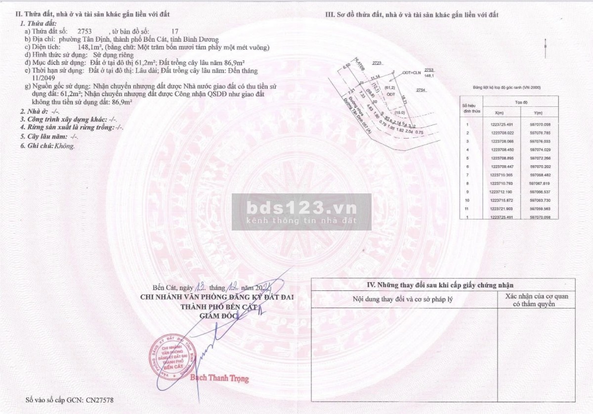 Bán Lô Đất Góc 148m2 Mặt Tiền Nhựa 8m Tại Tân Định Bến Cát Bình Dương
