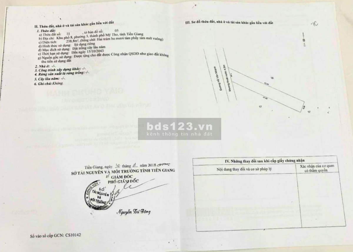 Bán Lô đất MẶT TIỀN đường Hồ Văn Nhánh ( tặng nhà ), KP8, P5. TP Mỹ Tho.
