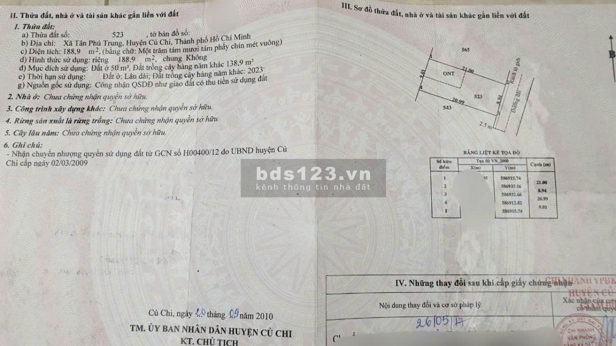 Chủ cần bán lô đất ngay THCS Tân Phú Trung (188m2 - 1,5 tỷ) ZL: 0905099203
