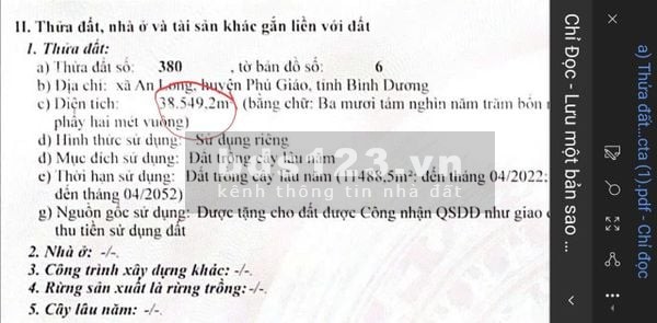 Cho thuê đất trống CLN tại Xã An Long, Tp. Hồ Chí Minh giá 20tr DT 4,5 ha
