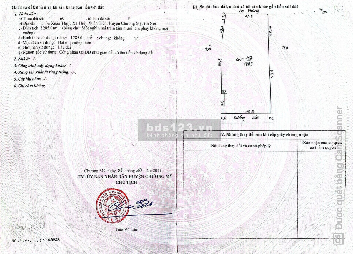 Lô đất to, mặt tiền khủng, Thủy Xuân Tiên, Chương Mỹ, Hà Nội dt 1.285m², mt 19m (Full thổ cư)