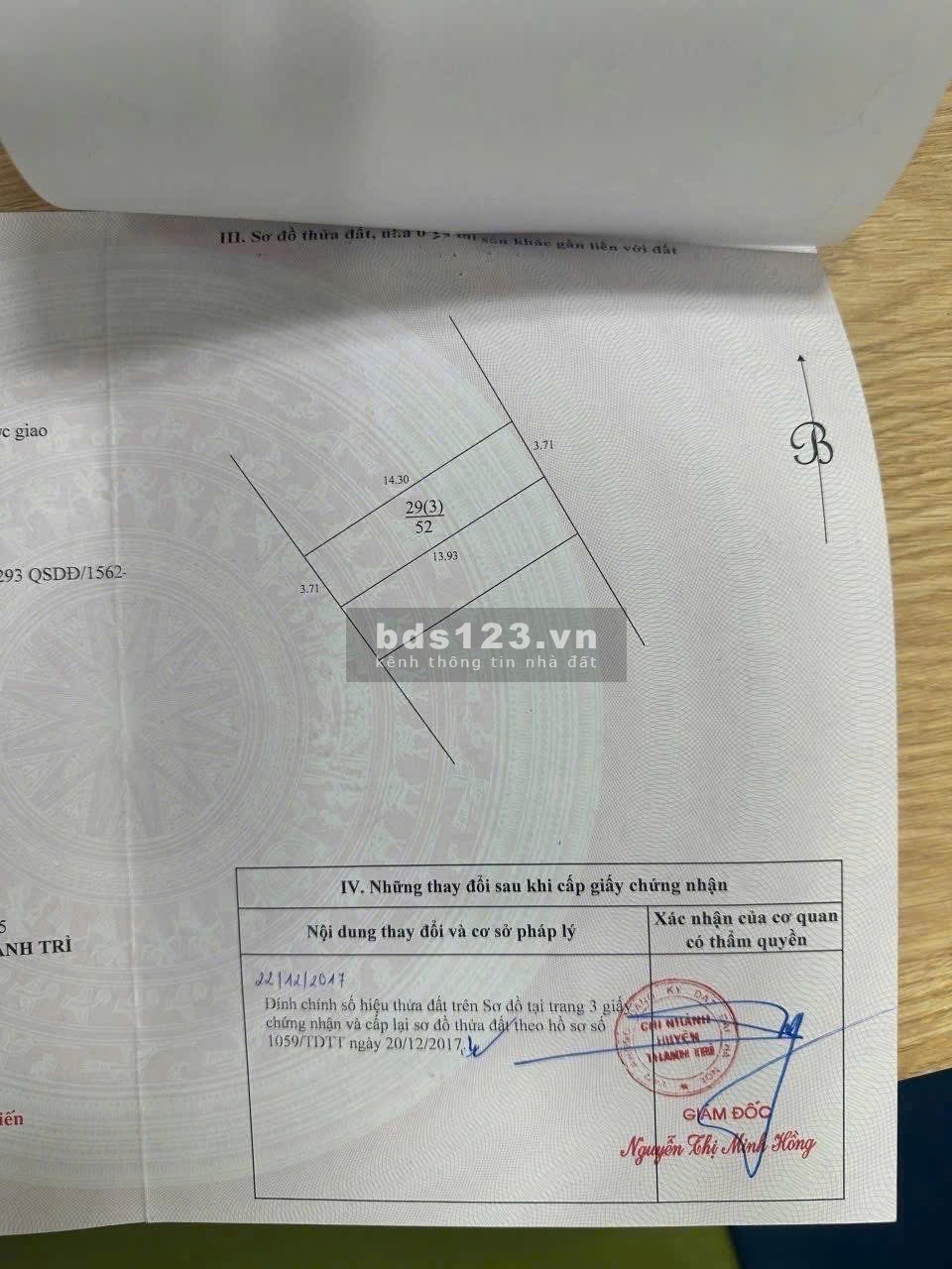 Bán đất Vĩnh Ninh Thanh Trì 52m, mặt 3,71m, giá 4.35 tỷ