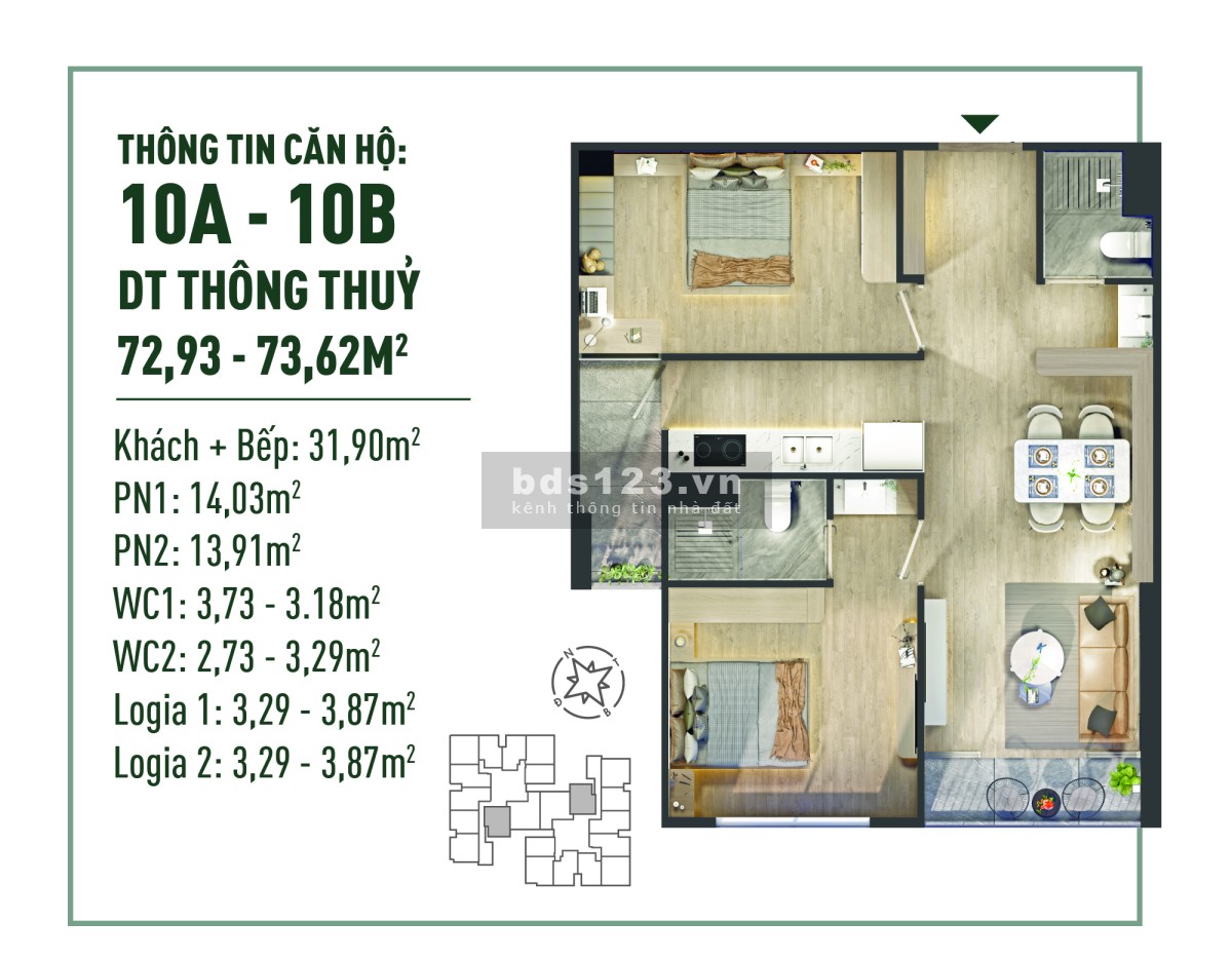 Cần bán căn hộ 2 phòng ngủ, hướng đông nam, diện tích 73m2…