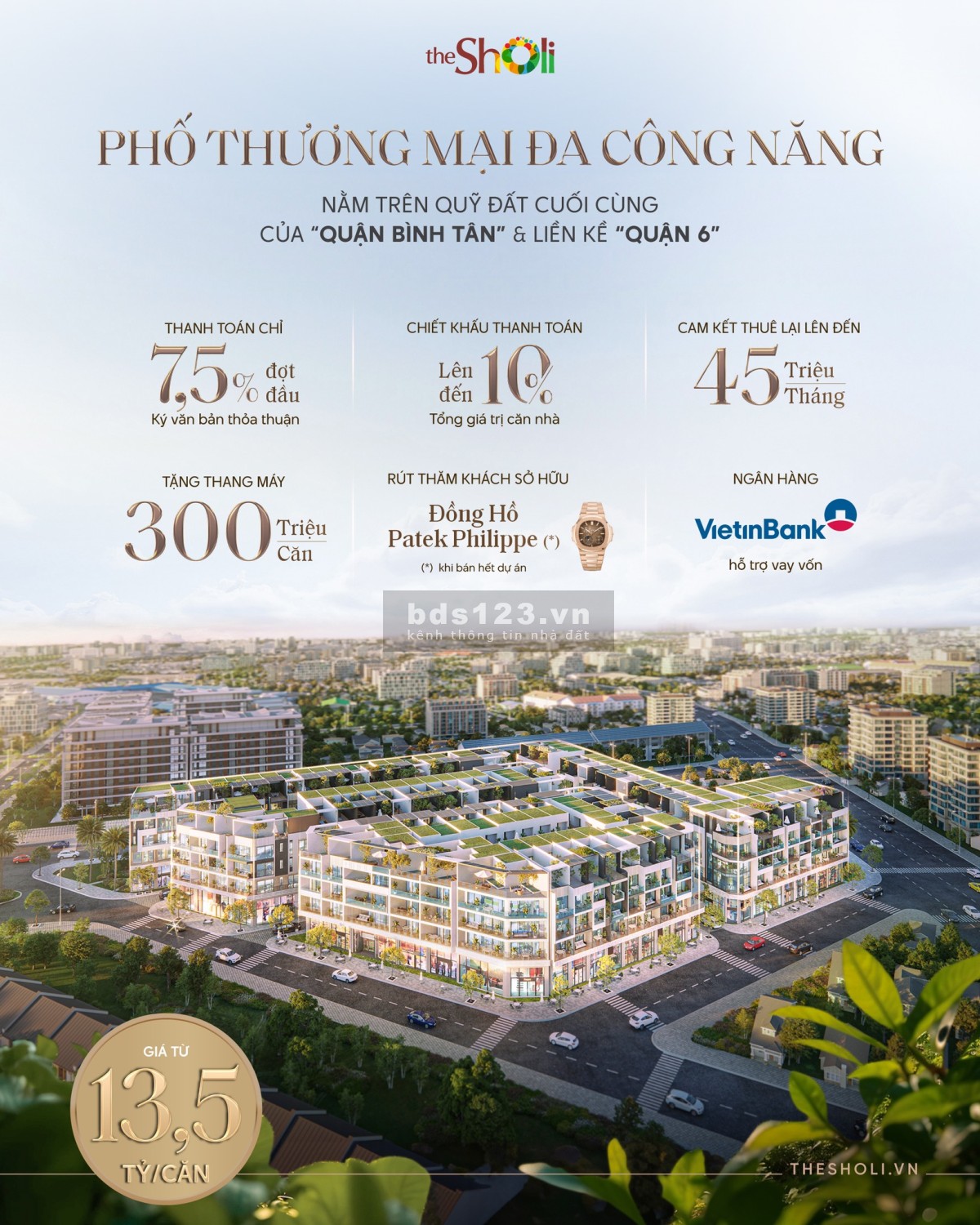 Shophouse The Sholi 13,5 tỷ/căn | Cam kết thuê 45tr/tháng + Tặng thang máy 300tr + 2 lượng vàng