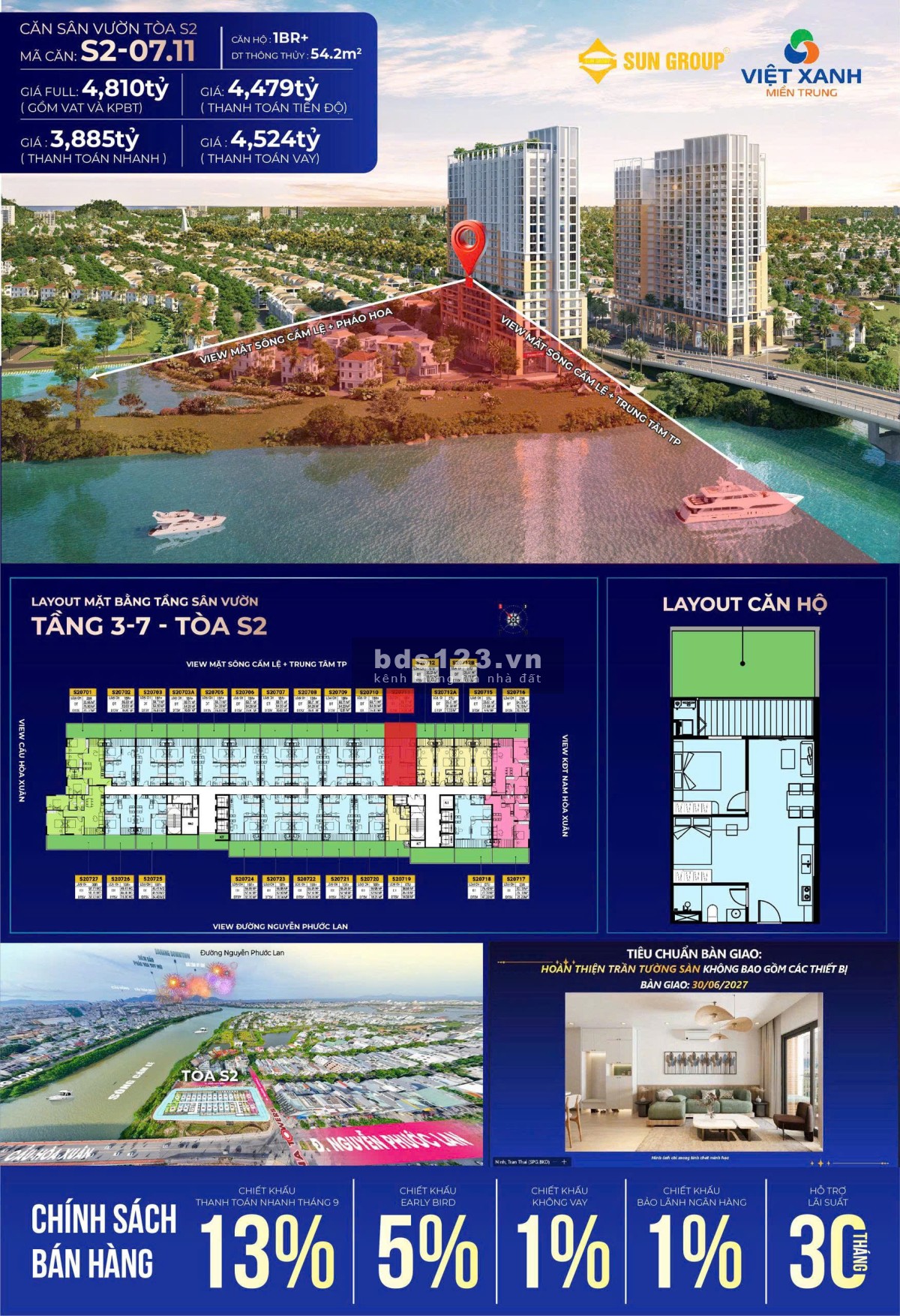 Căn hộ 1BR+view mặt sông, trung tâm tp, pháo hoa
