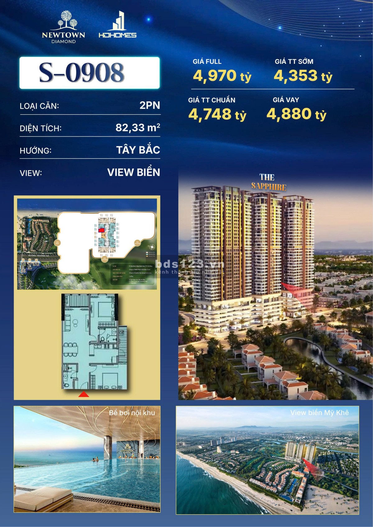 Duy nhất 1 suất ngoại giao đặc biệt Newtown Diamond giá 4,353 tỷ - căn 2PN view biển - có sổ hồng