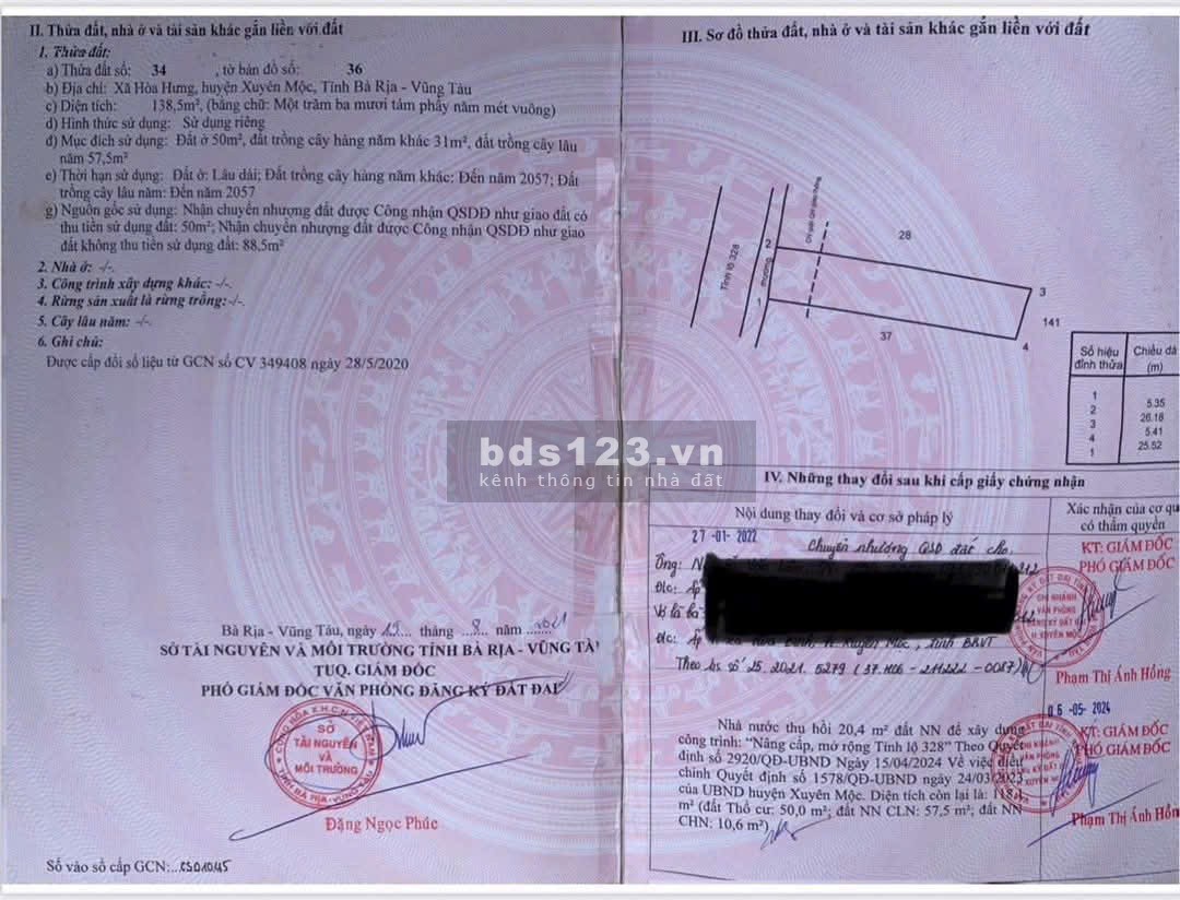 Cần bán đất mặt tiền Tỉnh lộ 328 Xã Hòa Bình, Xuyên Mộc,…