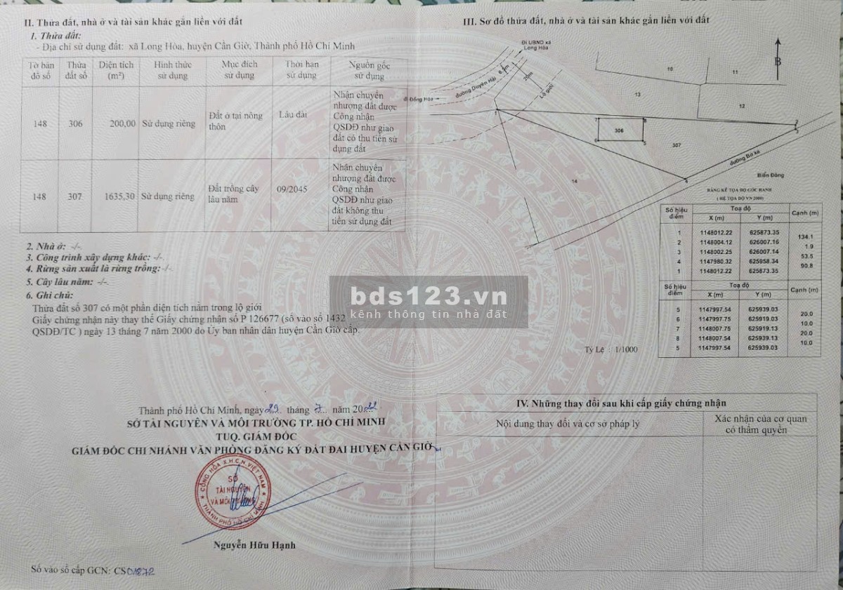 1835m2 + 2630.5m2, Đường Duyên Hải, Xã Long Hòa, Huyện Cần…