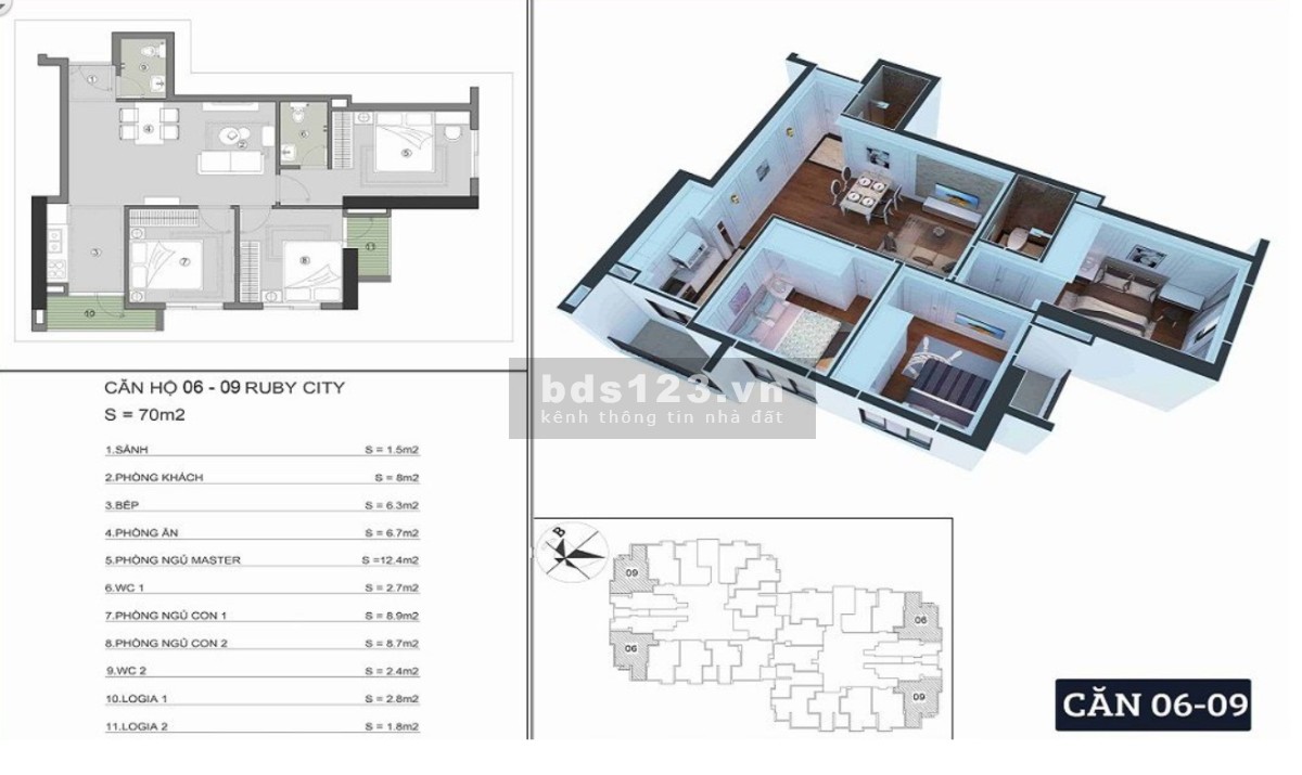 Bán căn hộ 2 phòng ngủ 54,6 m² tầng 10+B1 Ruby City CT3, Phúc…