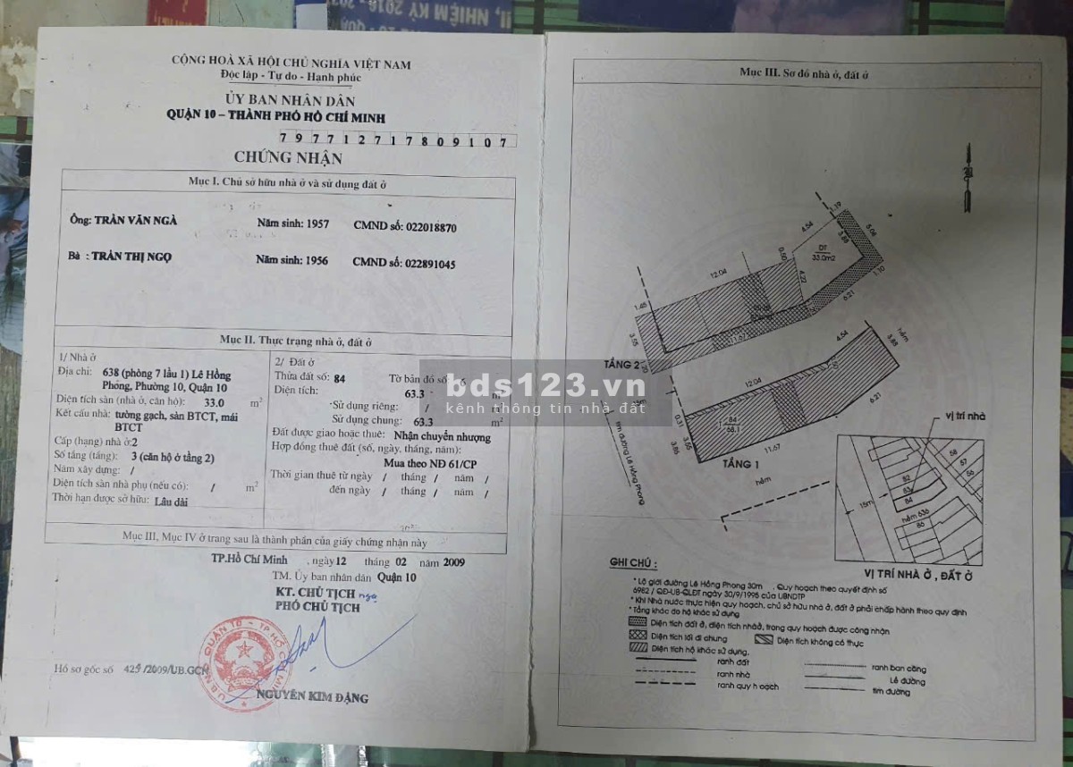 Bán nhà tập thể tầng 2 ngay mặt tiền 638 Lê Hồng Phong Q10