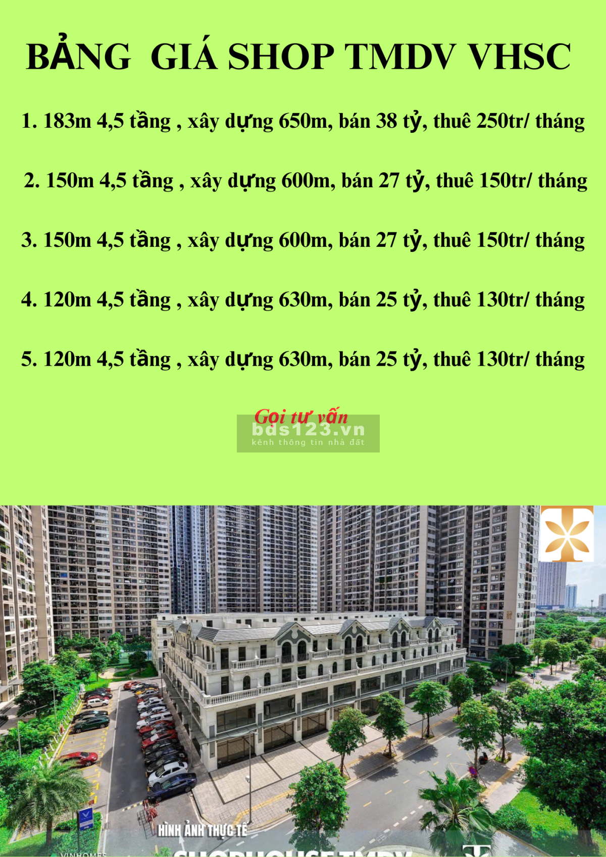 Bán shop chân đế vinhomes 65m2 cho thuê 65tr/1 tháng