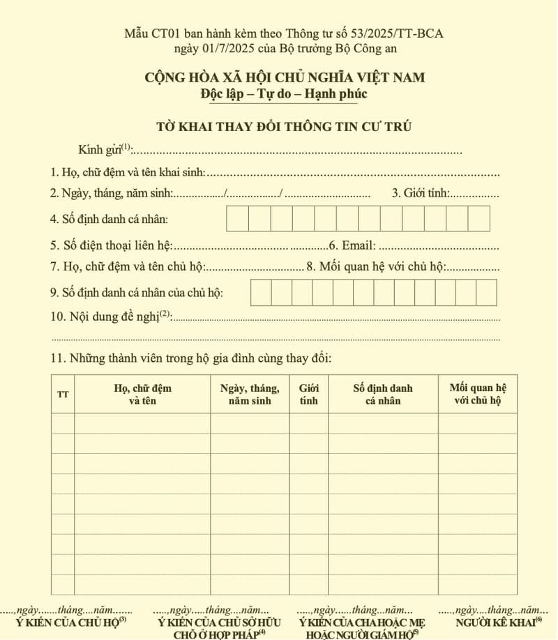Mẫu giấy đăng ký tạm trú mới nhất (Mẫu CT01)