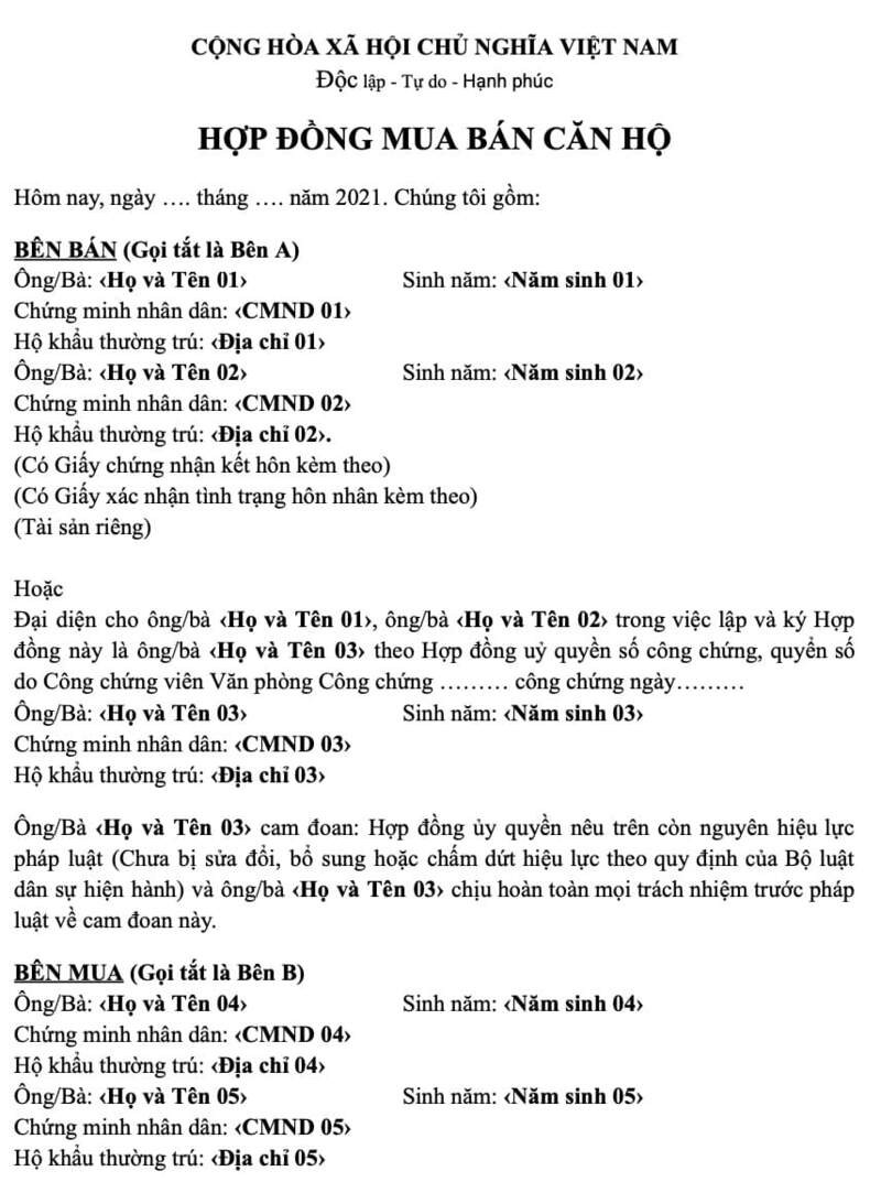 Mẫu hợp đồng chuyển nhượng căn hộ (Giữa cá nhân với cá nhân)