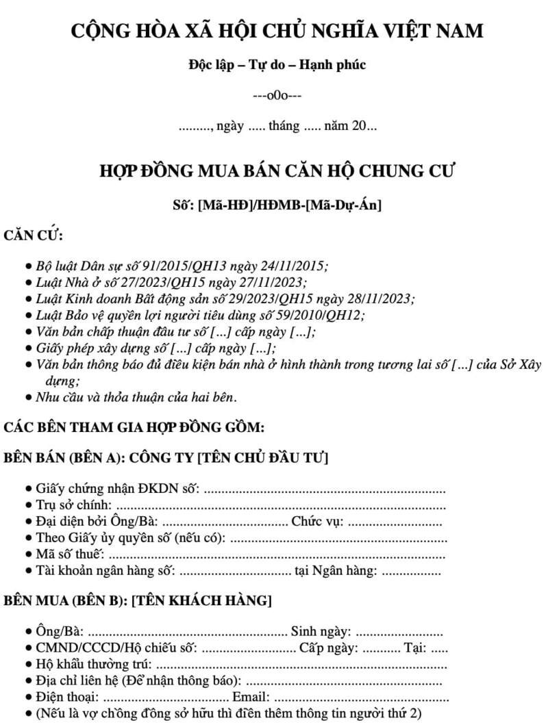 Mẫu hợp đồng mua bán căn hộ chung cư với chủ đầu tư