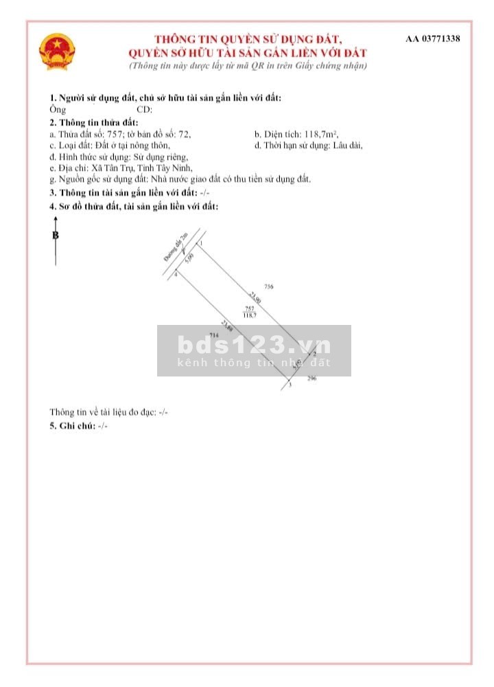 Cần bán đất bình tịnh Tân Tru Long An Dt:5x24=118m² ONtDân…