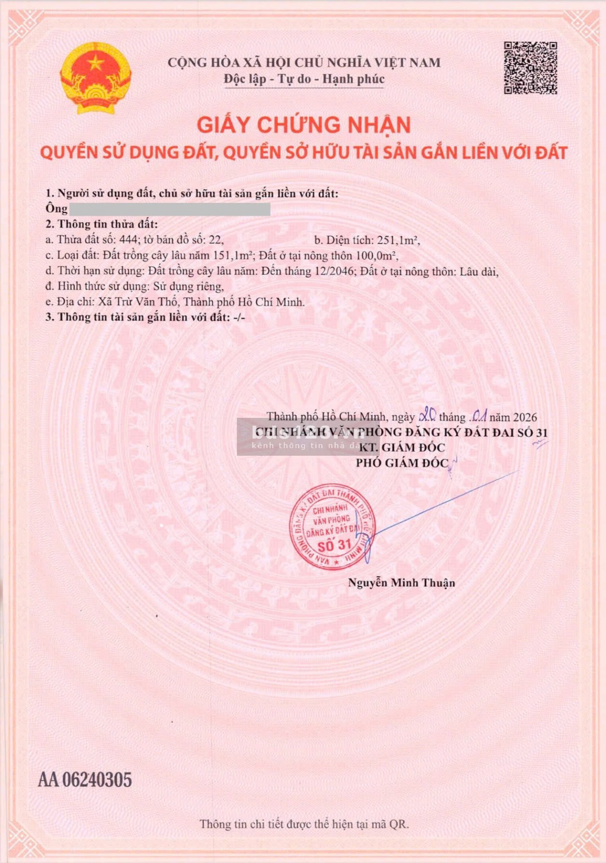 Đất vườn Bưởi, Bình Dương 263m² – Có thổ cư, giá 950tr