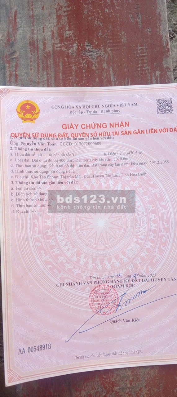 CẦN BÁN ĐẤT MÃN ĐỨC - TÂN LẠC- HÒA BÌNH