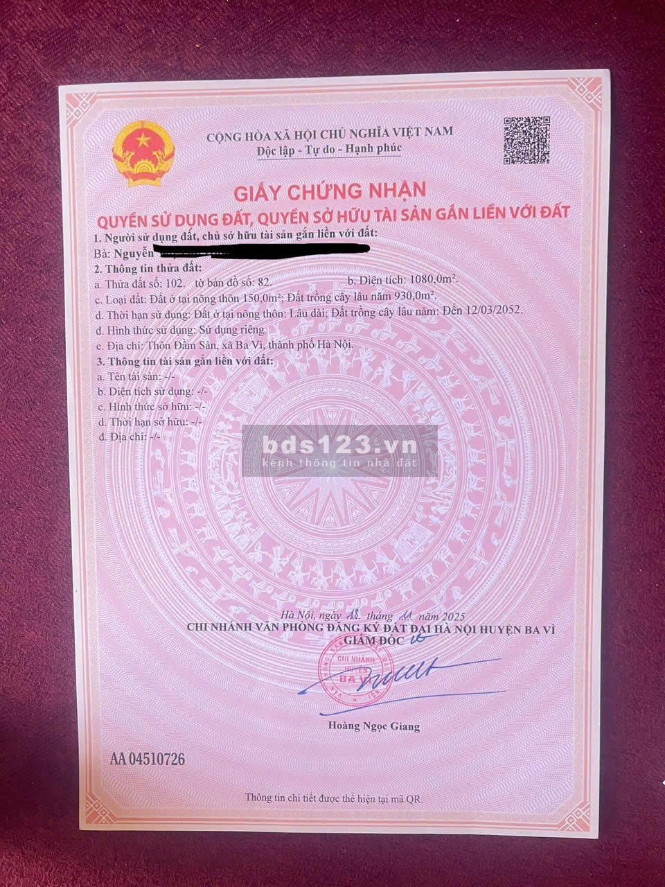 Bán đất sổ đỏ ở Minh Quang, Ba Vì, Hà Nội diện tích 1080m2…