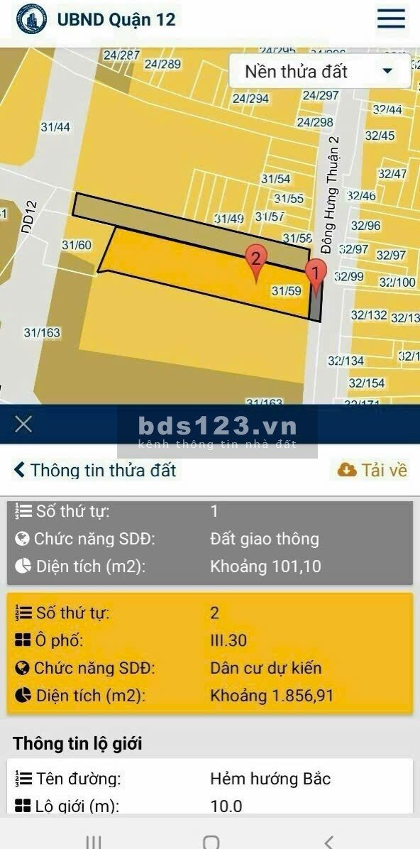 Bán lô đất MT ĐHT 02 PĐHT Q12 Dt 20 x 95 có 1856m thổ cư giá…