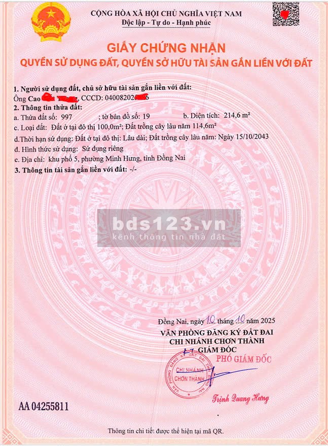 Cần bán lô đất ngay KCN Minh Hưng 3 Chơn Thành