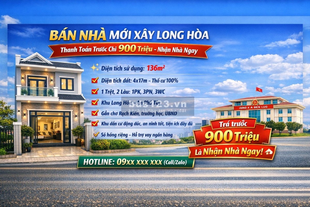 Bán nhà mới xây Long Hòa (Long An), thanh toán trước chỉ 900…