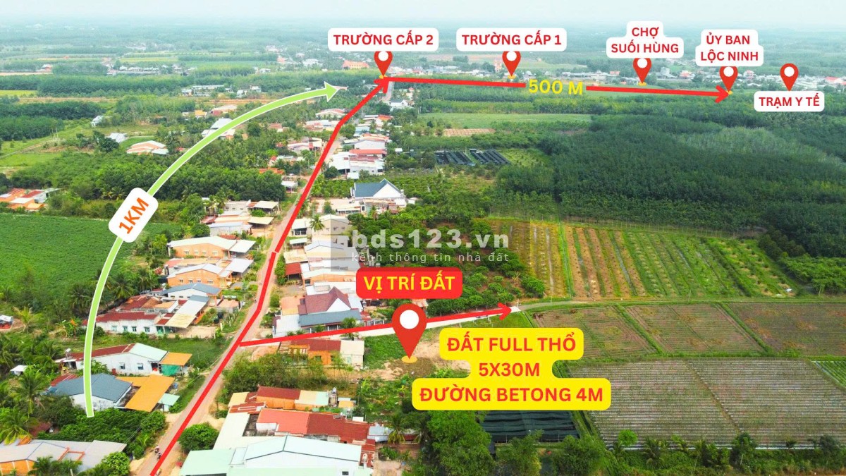 Cơ hội tốt cho NĐT. Đất full thổ tại Lộc Ninh, qua TP.HCM 10km