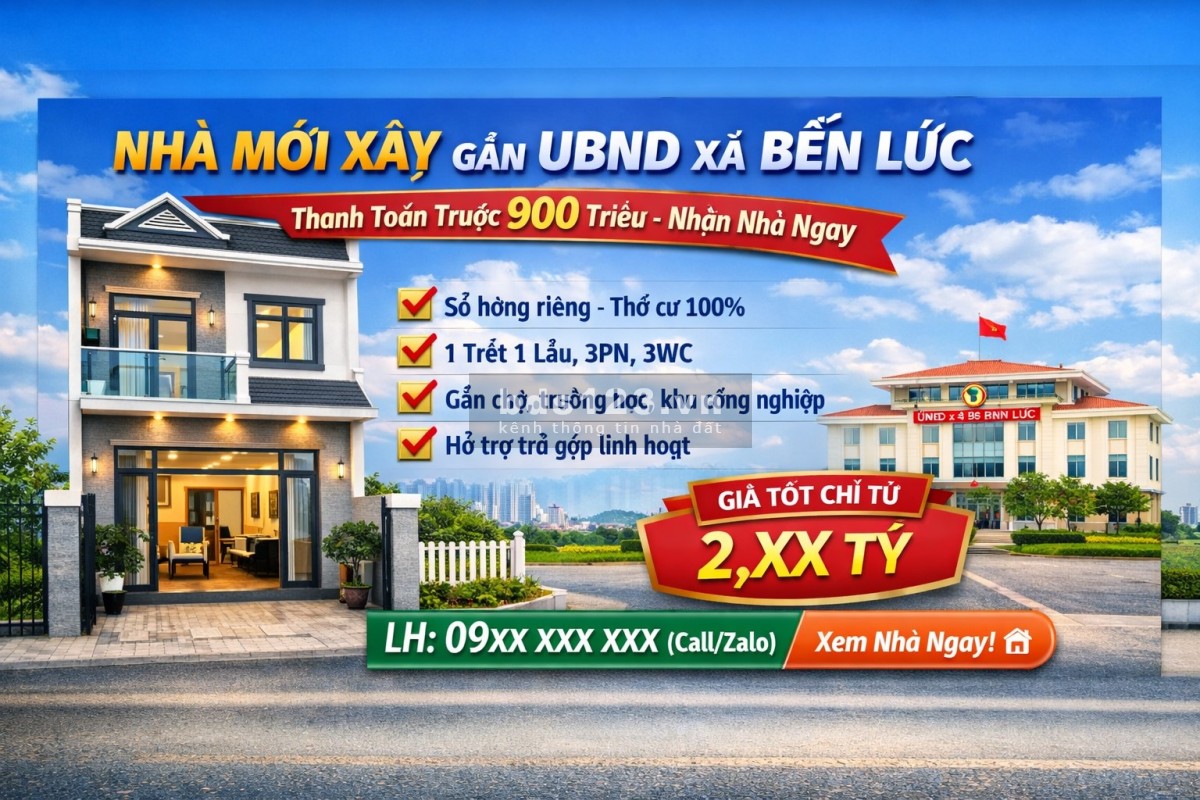 Nhà xây mới 2 tầng gần UBND xã Bến Lức , DT 100m2, nhận nhà ngay