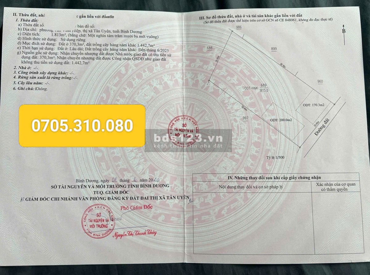 Bán 1813m2 (29x60) có 370m2 thổ cư Tân Vĩnh Hiệp giá 12 tỷ.…