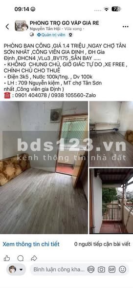 Cho thuê phòng ban công giá 1.4 triệu tại 709 Nguyễn Kiệm