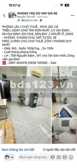 Cho thuê phòng lầu 1, 20m2, WC riêng, ngay chợ Tân Sơn Nhất,…