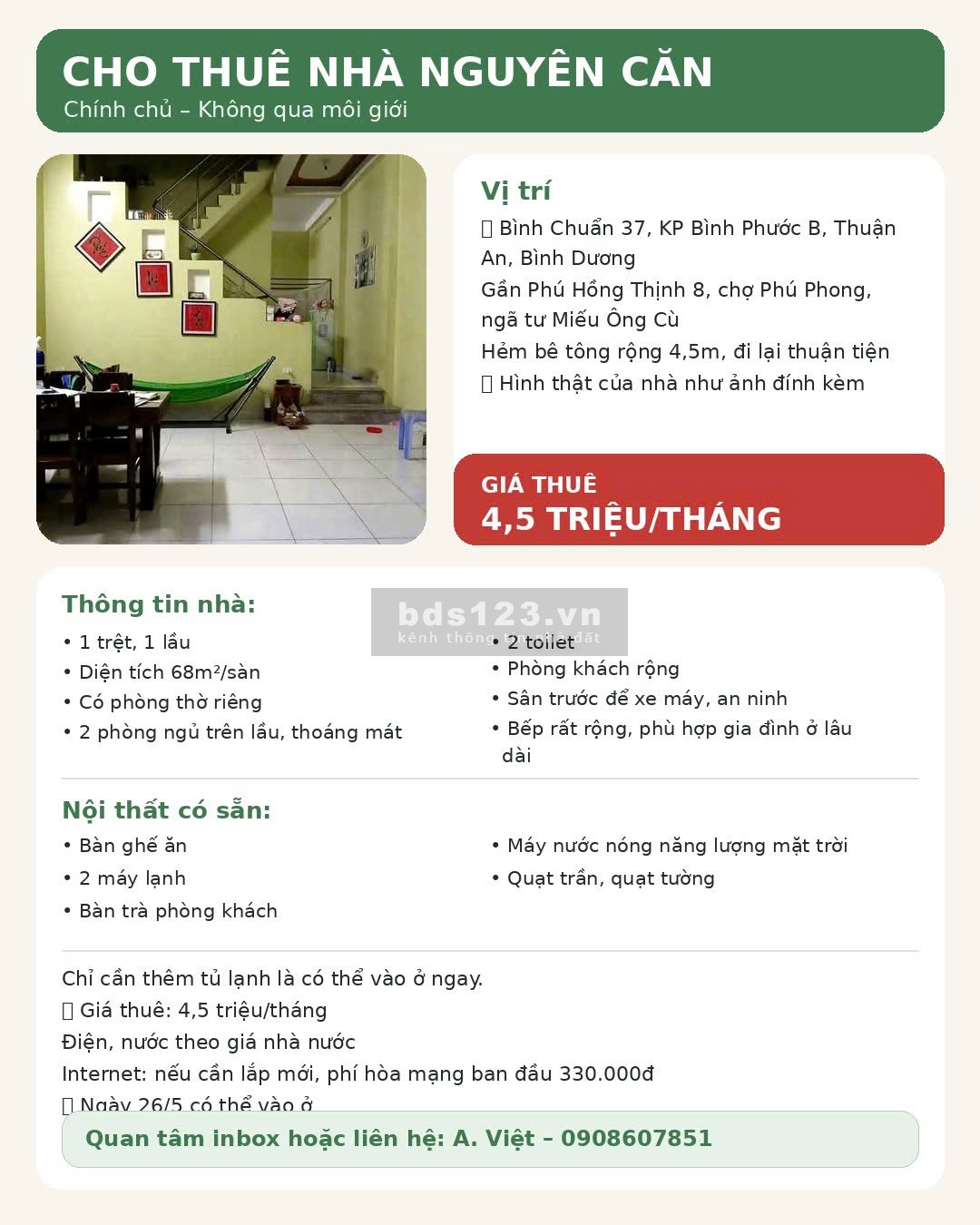 Tôi cần cho tìm người thuê nhà nguyên căn 29C/16, Bình Chuẩn…