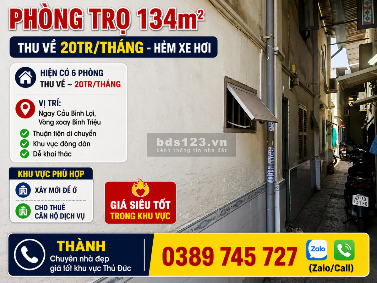 PHÒNG TRỌ 134m2 - Thu về 20tr/tháng - HẺM XE HƠI - ĐÃ CÓ SỔ,…