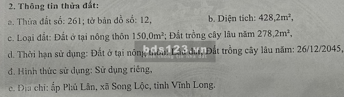 Bán đất đẹp 428m² có thổ cư – sổ riêng – MT 5.5m – gần QL60, Song Lộc, Trà Vinh