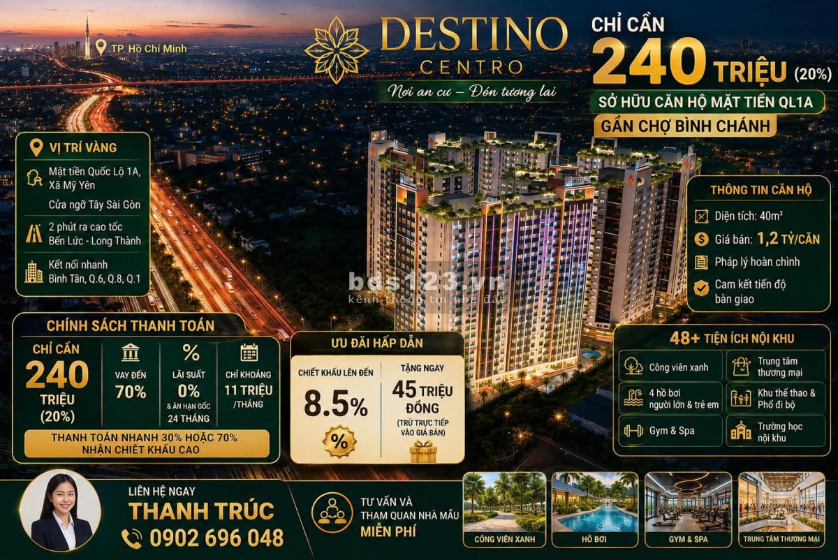 Thanh toán 240 triệu (20%) sở hữu căn hộ mặt tiền QL1A, Gần Chợ Bình Chánh, cửa ngõ Tây Sài Gòn