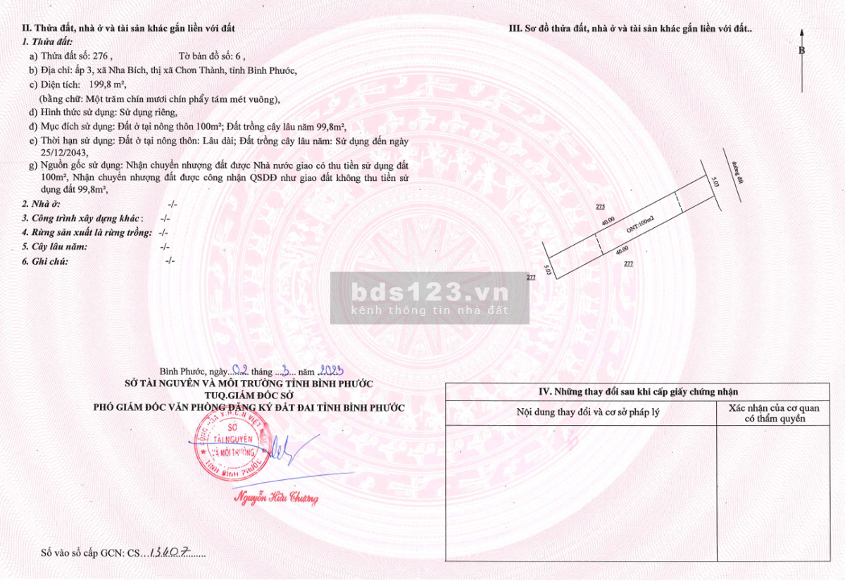 Bán 2 thửa đất QSDĐ số 276, 278 Nha Bích, Đồng Nai