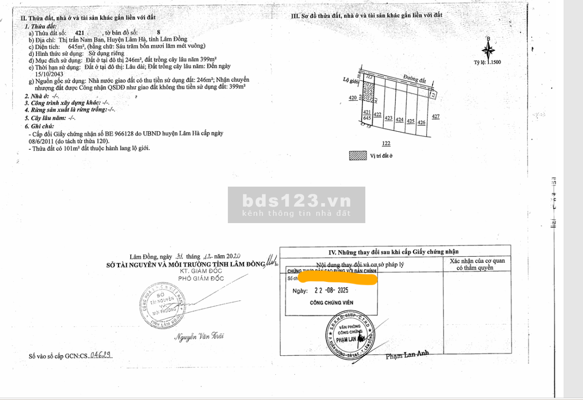 QSDĐ: 421, 422, 423 TBĐ số: 8, TT.Nam Ban, H.Lâm Hà, T.Lâm Đồng…