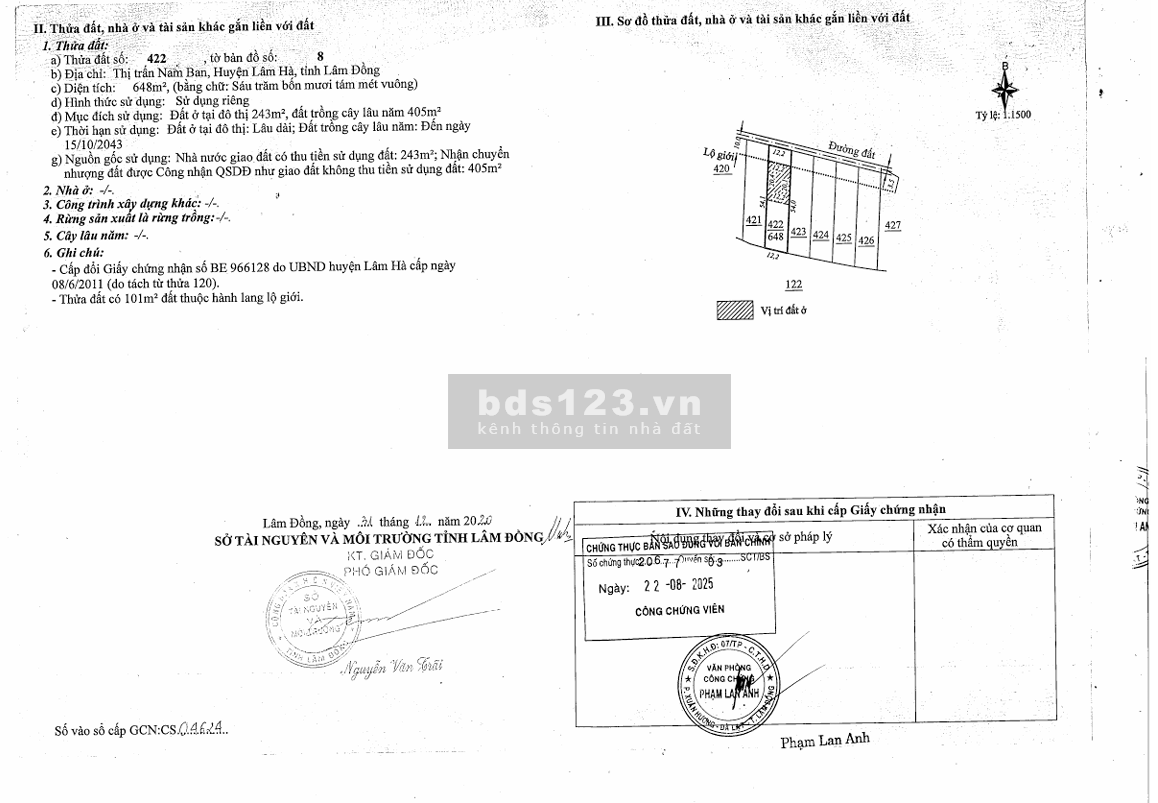 QSDĐ: 421, 422, 423 TBĐ số: 8, TT.Nam Ban, H.Lâm Hà, T.Lâm Đồng…