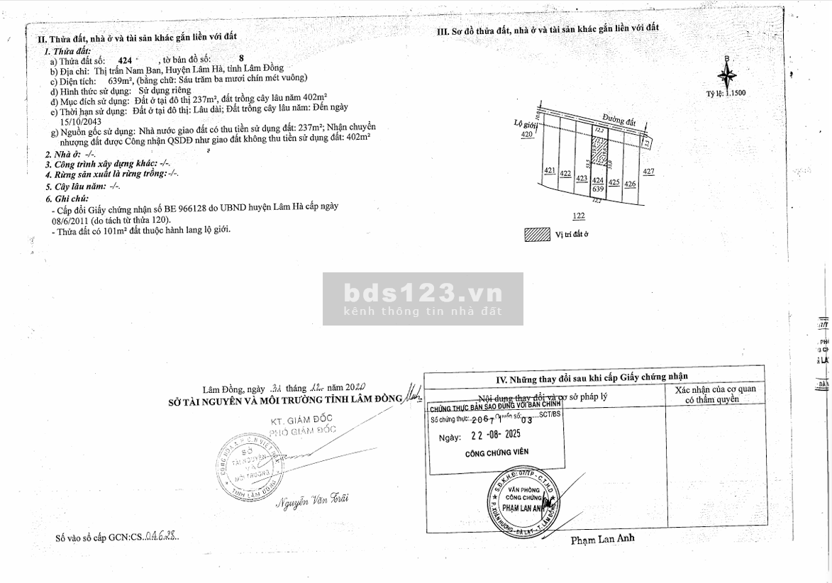 QSDĐ số 424, 425, 416 TBĐ : 8, TT.Nam Ban, H.Lâm Hà, T.Lâm Đồng…