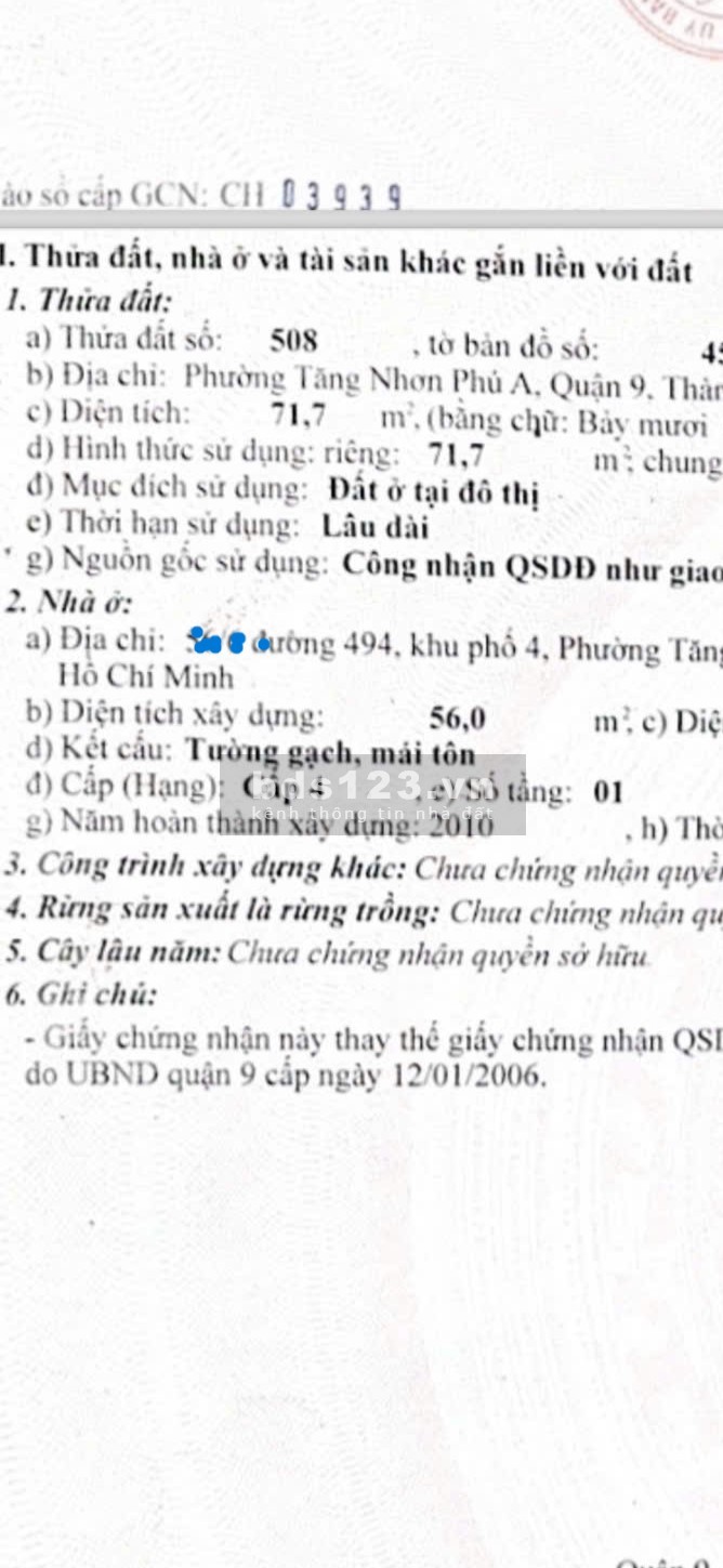 72 m2 Hẽm 1/ Đường 494 Lê Văn Việt giá 4,8 tỷ
