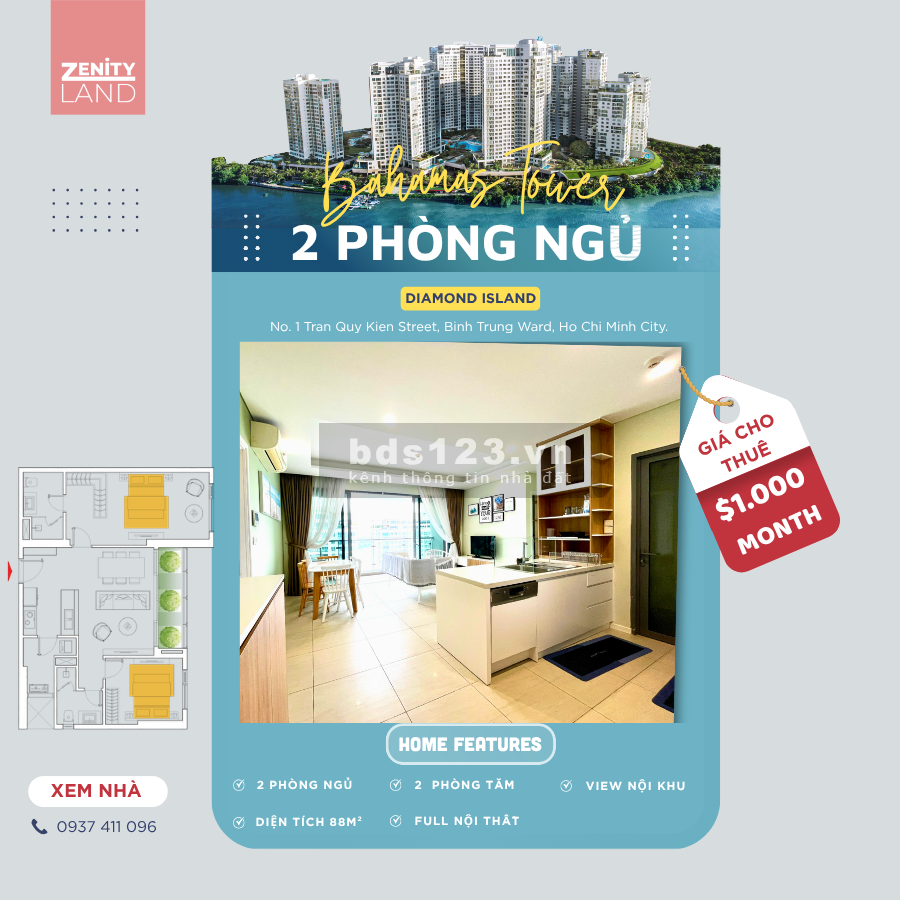 ĐẢO KIM CƯƠNG - QUẬN 2 | [CHO THUÊ]: Căn Hộ 2PN - View Nội Khu.